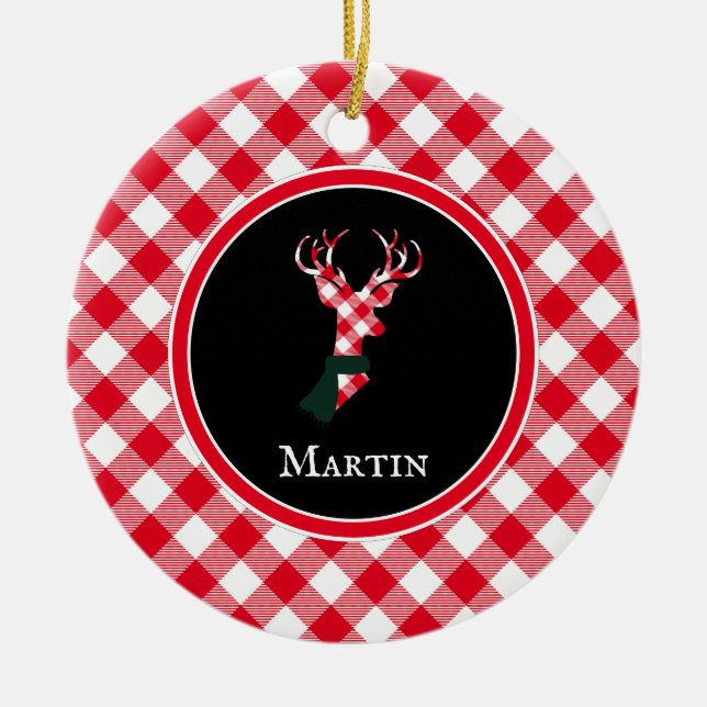 Chic Reindeer Red & White Plaid Personalised Ceramic Tree Decoration (Front)