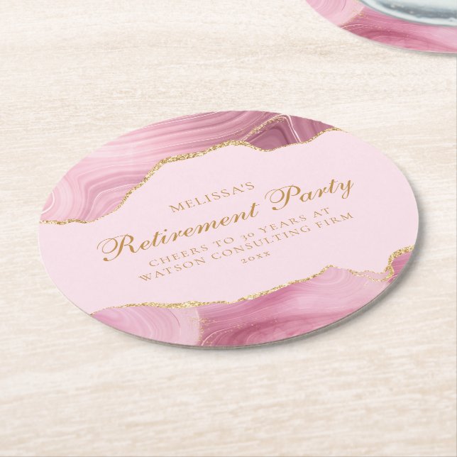 Chic Retirement Party Pink Gold Agate Custom Round Paper Coaster (Angled)