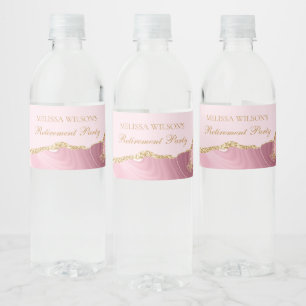 Chic Retirement Party Pink Gold Agate Custom Water Bottle Label