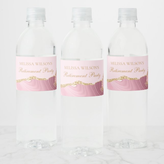Chic Retirement Party Pink Gold Agate Custom Water Bottle Label (Bottles)