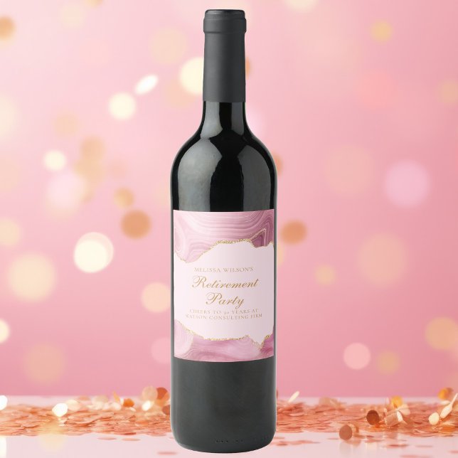 Chic Retirement Party Pink Gold Agate Custom Wine Label (Creator Uploaded)