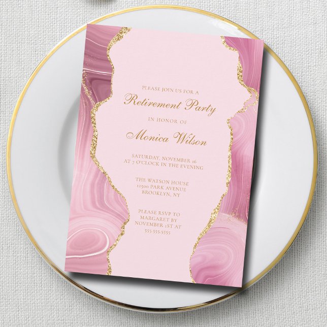 Chic Retirement Party Pink Gold Agate Invitation (Creator Uploaded)