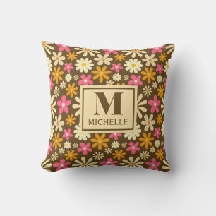 Chic Retro 70s Groovy Hippie Flower Monogram Cushion