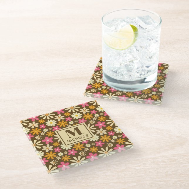 Chic Retro 70s Groovy Hippie Flower Monogram Glass Coaster (Angled)