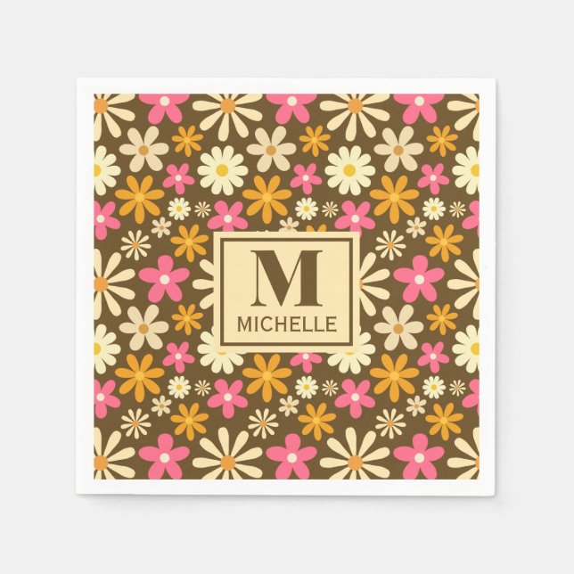 Chic Retro 70s Groovy Hippie Flower Monogram Napkin (Front)
