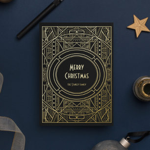 Chic Retro Art Deco Merry Christmas Black and Gold Foil Holiday Card