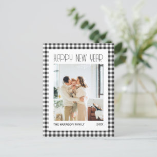 Chic Retro Black Gingham Plaid New Year Photo Postcard