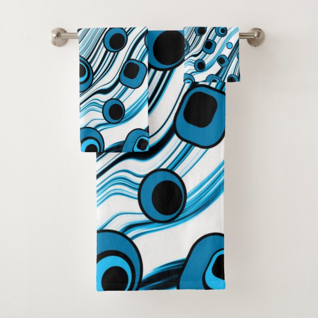 Chic Retro Blue with Black and White Groovy Wavy Bath Towel Set (Insitu)