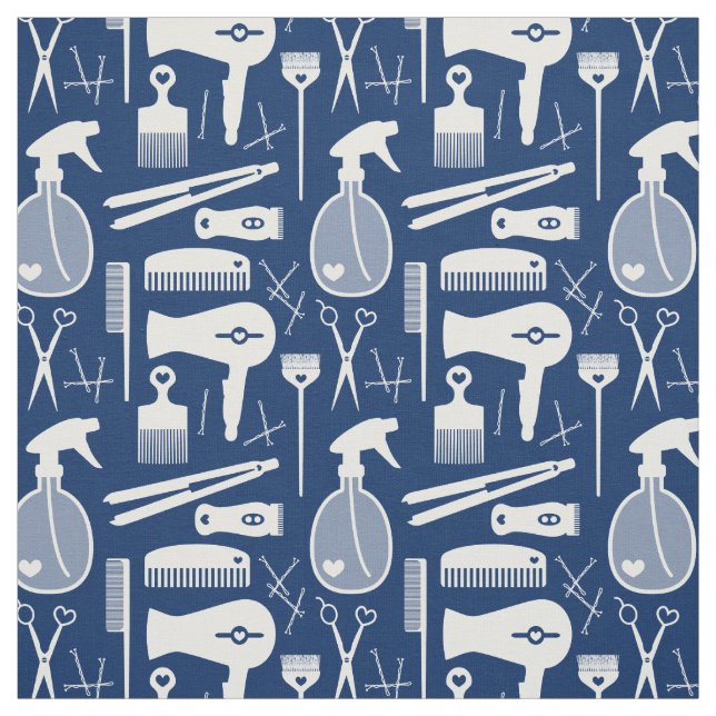Chic Retro Deep Blue & White Hair Salon Tools Fabric (Swatch)