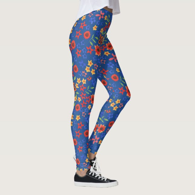 Chic Retro Floral Granny Print on Royal Blue Leggings (Right)