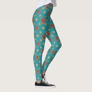 Chic Retro Floral Granny Print on Teal Leggings