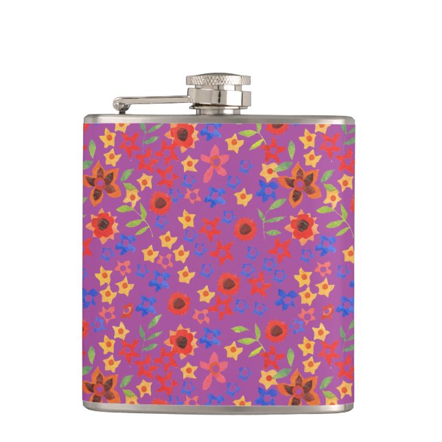 Chic Retro Floral Mini-print on Magenta Hip Flask (Front)