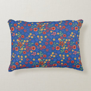 Chic Retro Floral Print on Blue Accent Pillow