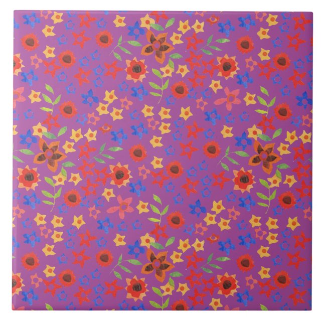 Chic Retro Floral Print on Magenta Ceramic Tile (Front)