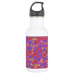 Chic Retro Floral Print on Magenta Water Bottle