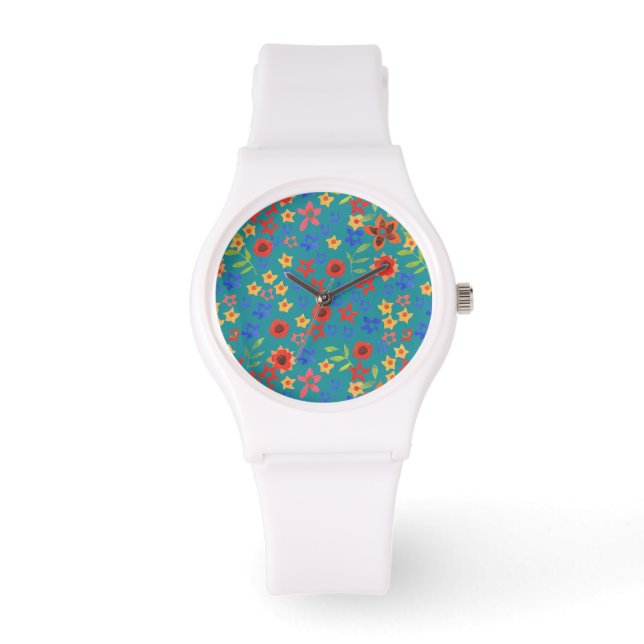 Chic Retro Floral Print on Teal Wrist Watch (Front)