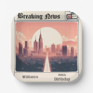 Chic Retro men Adult Newspaper 30th Birthday Paper Plate