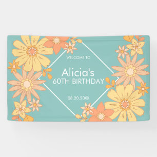 Chic Retro Orange Peach Flora Green 60th Birthday Banner