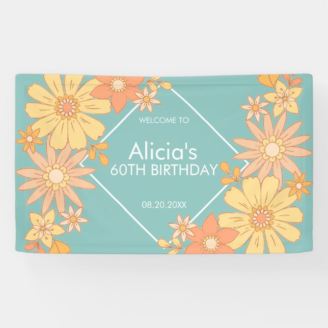 Chic Retro Orange Peach Flora Green 60th Birthday Banner (Horizontal)