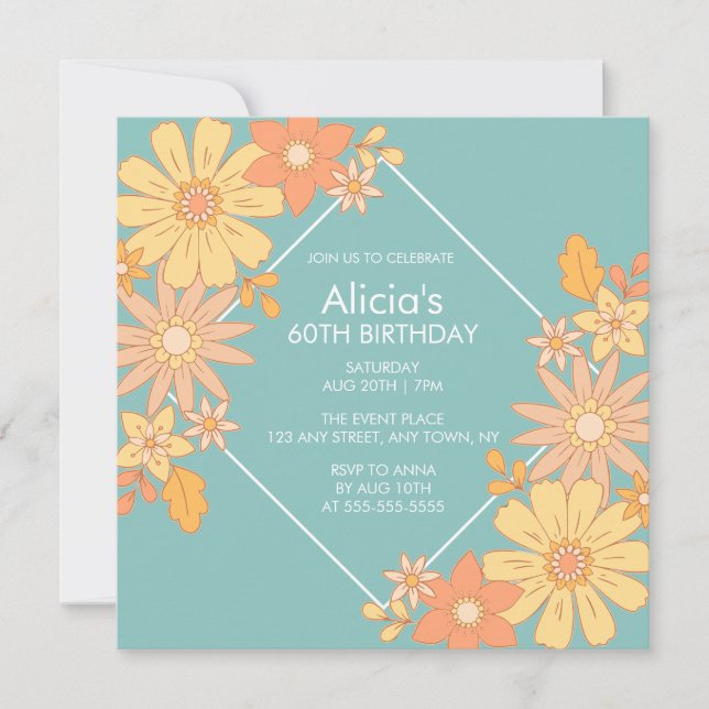 Chic Retro Orange Peach Flora Green 60th Birthday Invitation (Front)
