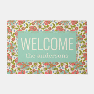 Chic Retro Pink & Aqua Floral Welcome Doormat