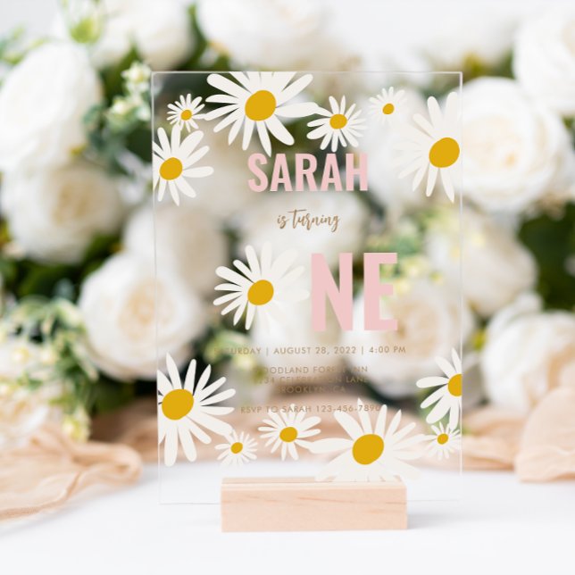 Chic Retro Pink Daisy Flower 1st Birthday Acrylic Invitations (Creator Uploaded)