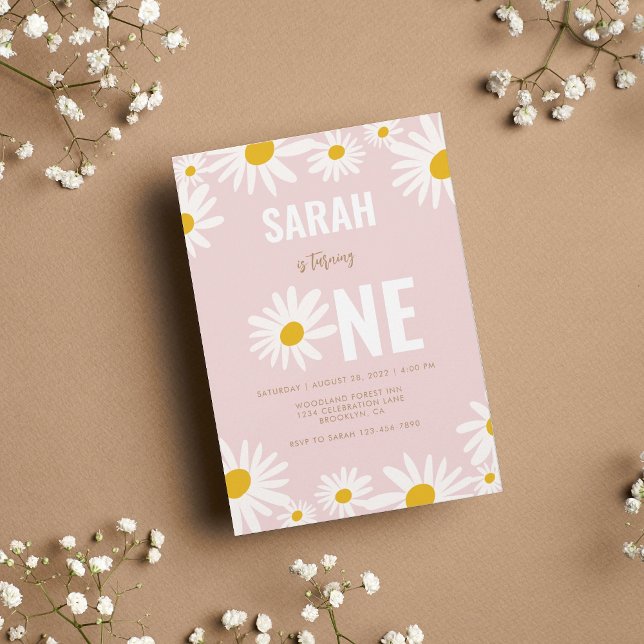 Chic Retro Pink Daisy Flower 1st Birthday Invitation (Creator Uploaded)