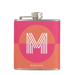 Chic Retro Pink Orange Geometric Modern Monogram Hip Flask