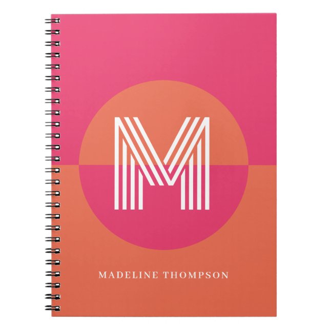 Chic Retro Pink Orange Geometric Modern Monogram Notebook (Front)