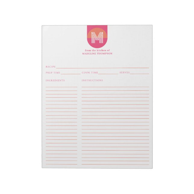 Chic Retro Pink Orange Geometric Monogram Recipe Notepad (Rotated)