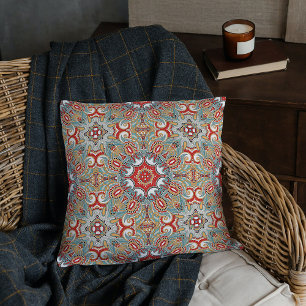 Chic Retro Red Turquoise Teal Kaleidoscope Pattern Cushion