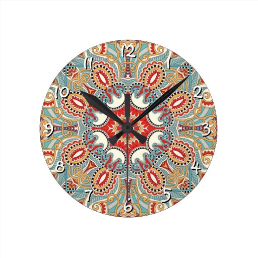 Image of Chic Retro Red Turquoise Teal Kaleidoscope Pattern Round Clock