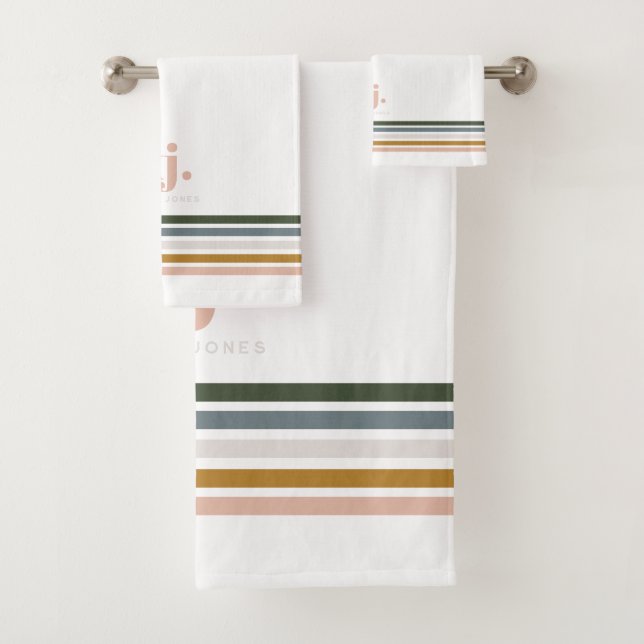 Chic Retro Stripes Monogram Bath Towel Set (Insitu)