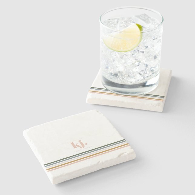 Chic Retro Stripes Monogram Stone Coaster (Side)