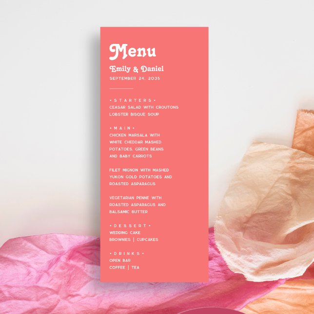 Chic Retro Summer Bright Coral Pink Wedding Menu (Creator Uploaded)