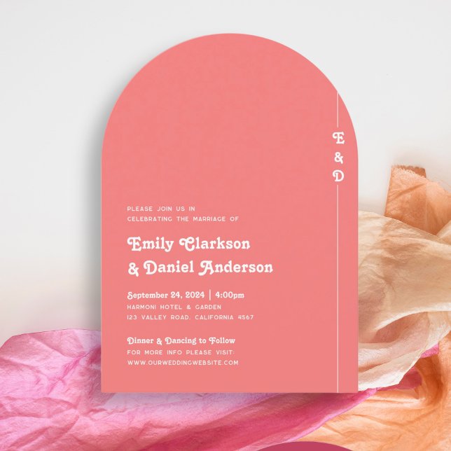 Chic Retro Summer Coral Pink Monogram Wedding Invitation (Creator Uploaded)