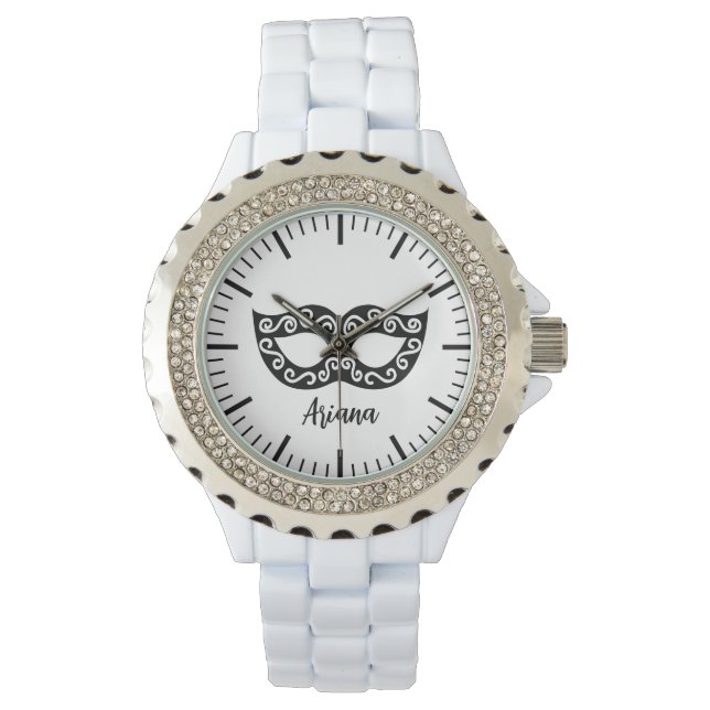 Chic rhinestone white enamel wrist watch for women (Front)