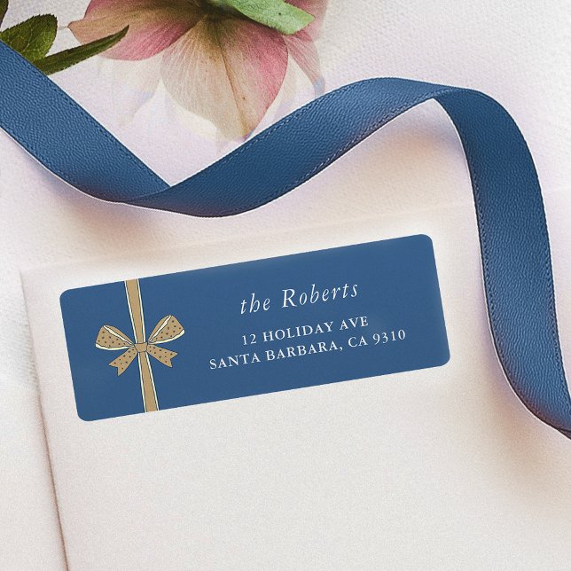 Chic Ribbon Bow Blue & Cream Christmas Address (elegant ribbon and bow blue Christmas return address labels)