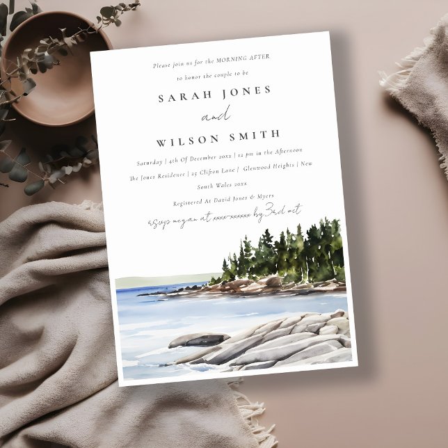 Chic Rocky Pine Mountain Seascape Morning After Invitation (Creator Uploaded)