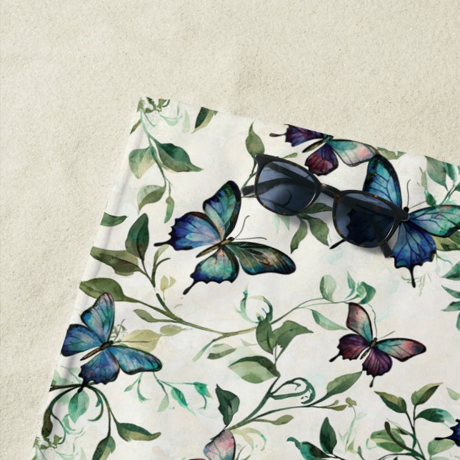 Chic Romantic Blue Butterflies Bridal Shower Beach Towel (In Situ)
