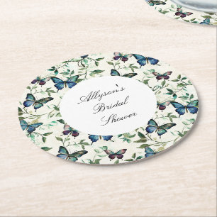 Chic Romantic Blue Butterflies Bridal Shower Round Paper Coaster