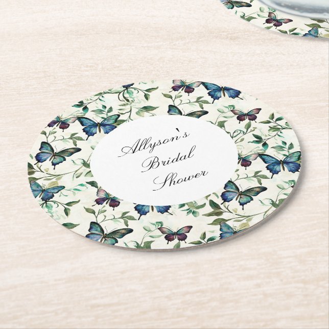 Chic Romantic Blue Butterflies Bridal Shower Round Paper Coaster (Angled)