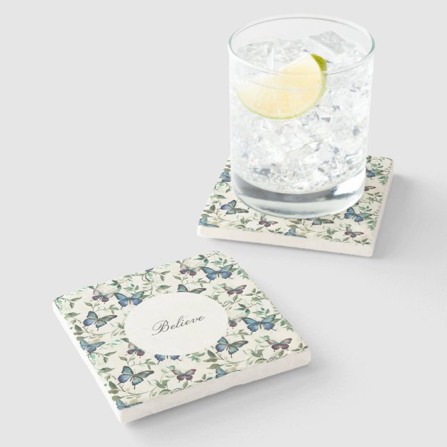 Chic Romantic Blue Butterflies Bridal Shower Stone Coaster (Side)