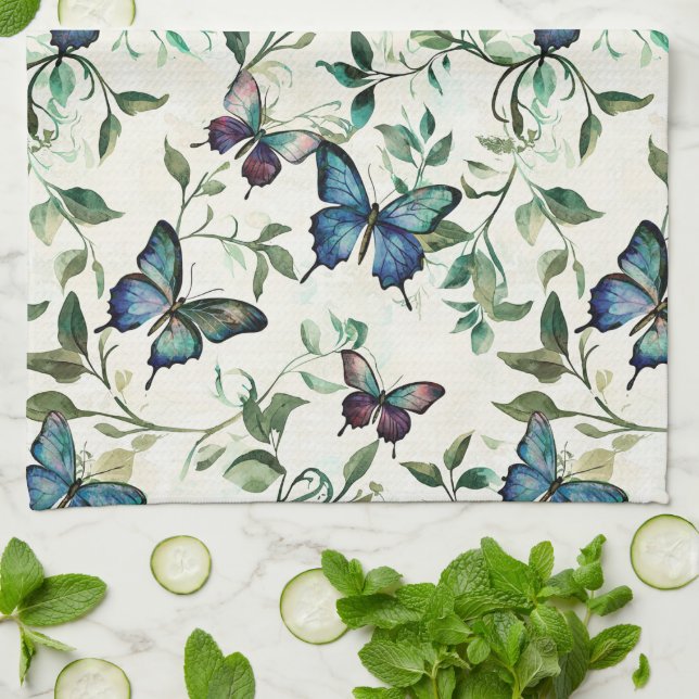 Chic Romantic Blue Butterflies Bridal Shower Tea Towel (Folded)