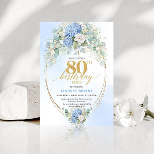 Chic Romantic Blue Hydrangea Garden 80th Birthday Invitation