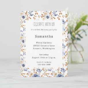 Chic Romantic Blue White Floral Birthday Invitation