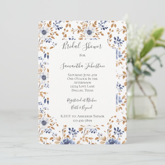 Chic Romantic Blue White Floral Bridal Shower Invitation (Standing Front)