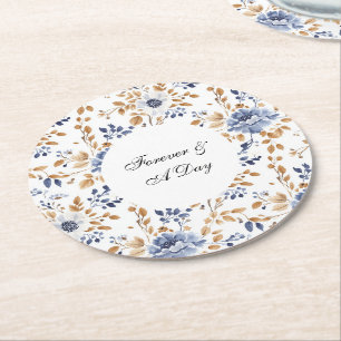 Chic Romantic Blue White Floral Wedding Round Paper Coaster