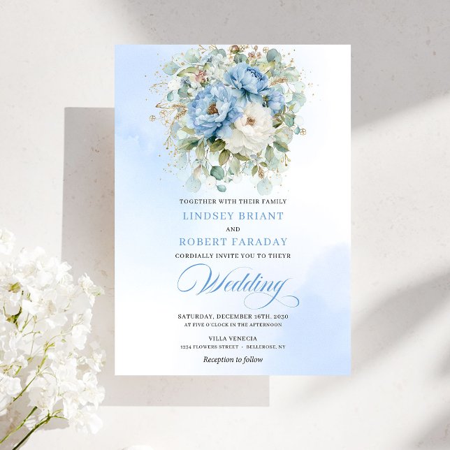 Chic Romantic Dusty Blue Peony Gold Floral Wedding Invitation (Chic Romantic Dusty Blue Peony Gold Floral Wedding Invitation)