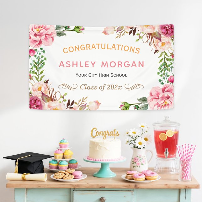 Chic Romantic Floral Wrapped Graduation Party Banner (Creator Uploaded)